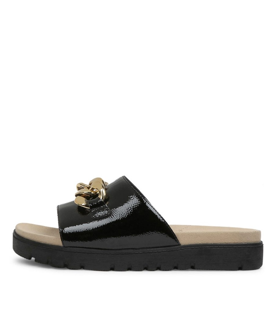 ZIERA Narry Xw Black Wrinkle Patent Slides Bs | Flats