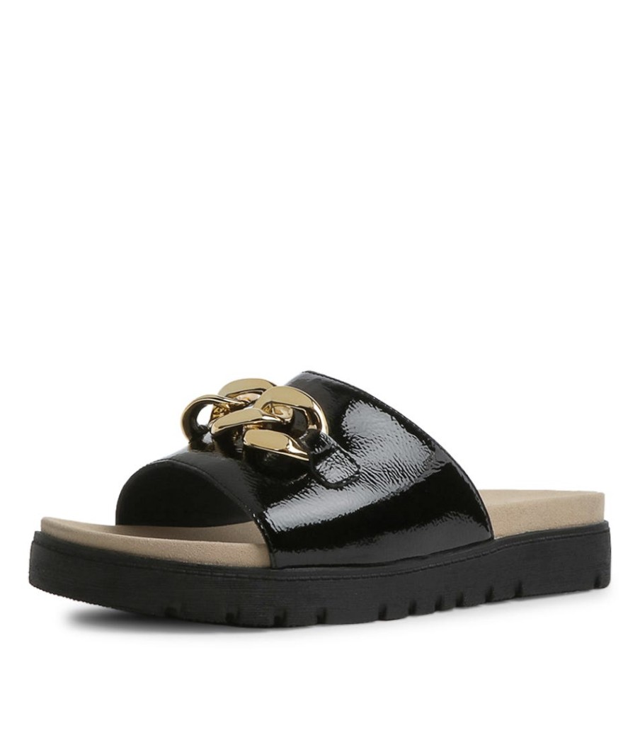ZIERA Narry Xw Black Wrinkle Patent Slides Bs | Flats