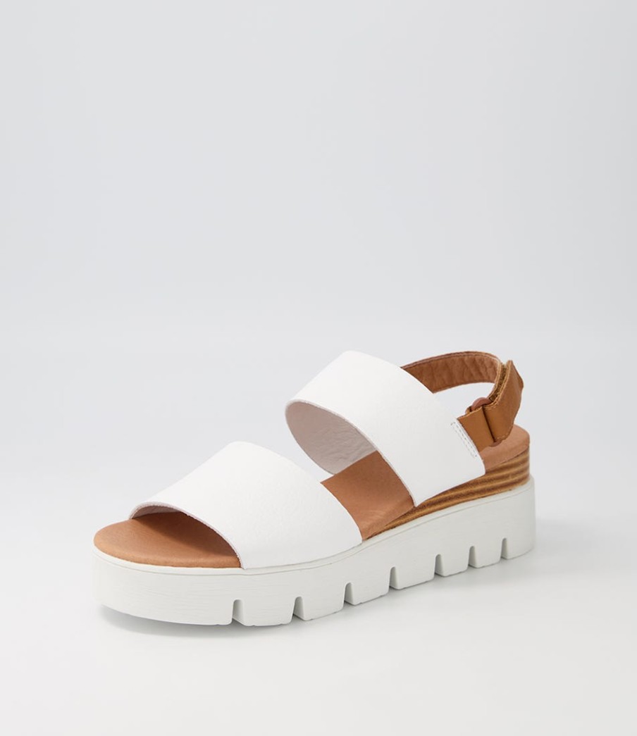 DJANGO & JULIETTE Runar White Dark Tan Leather Sandals | Wedges