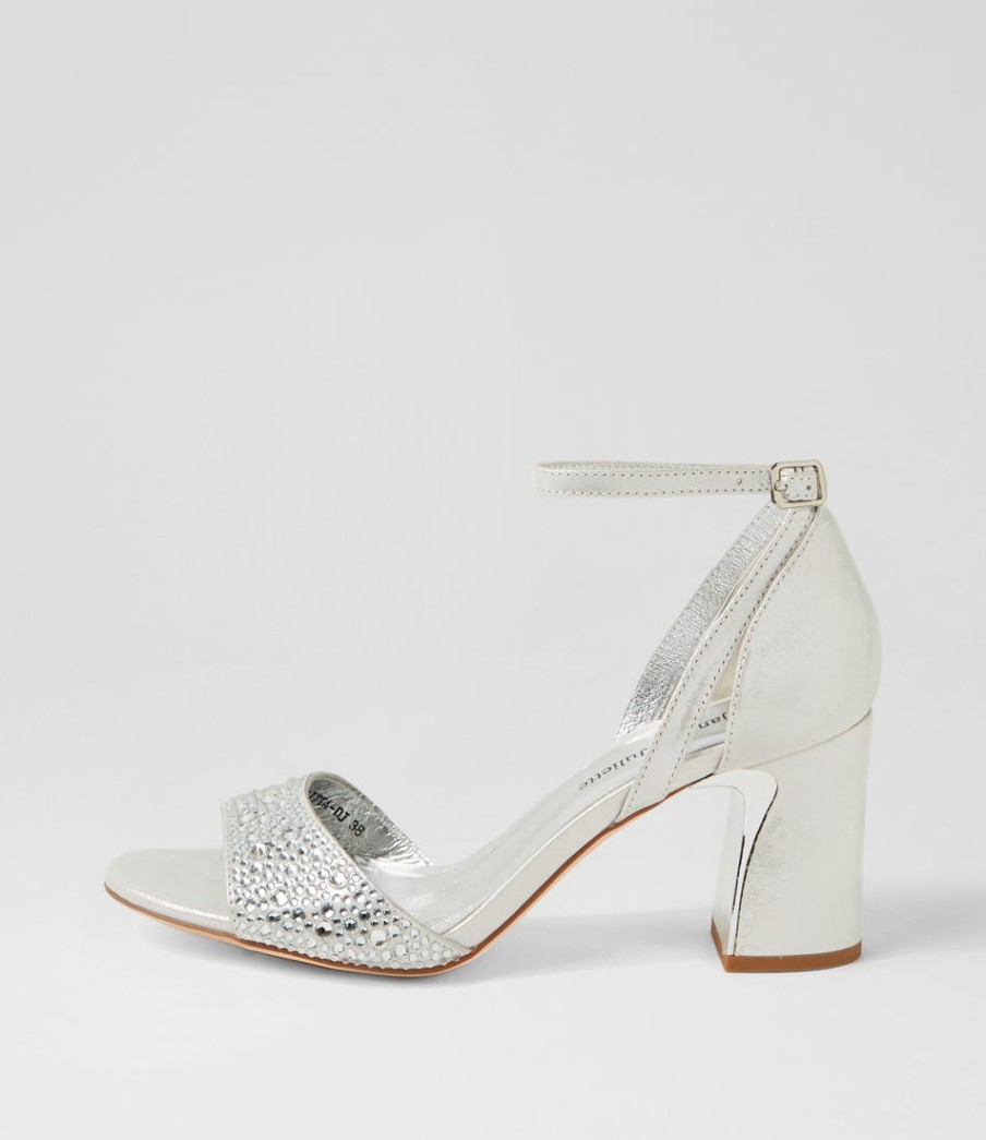 DJANGO & JULIETTE Kitta Silver Shimmer Leather Jewels Sandals | Heels