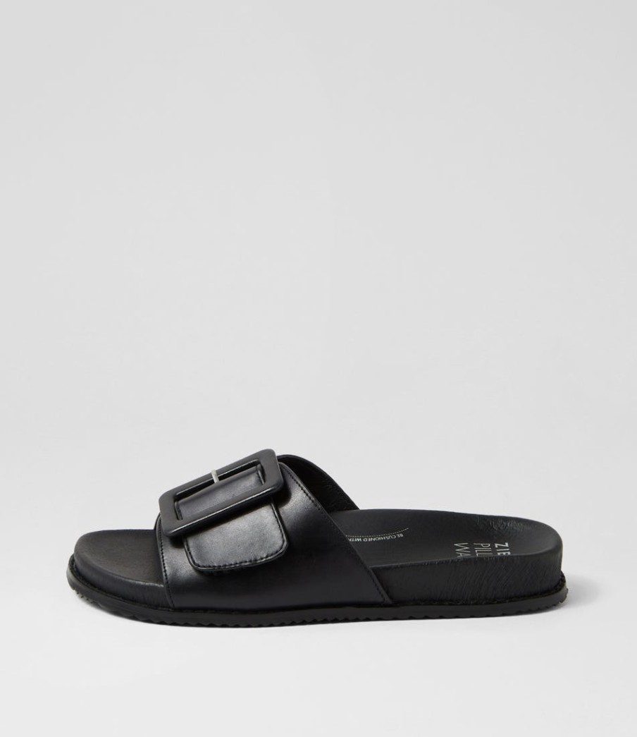 ZIERA Hanyu W Black Leather Slides | Flats