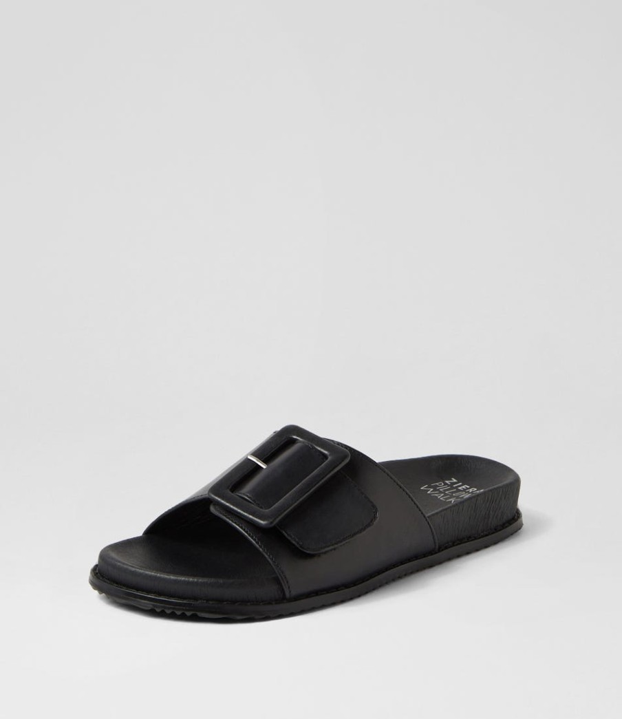 ZIERA Hanyu W Black Leather Slides | Flats