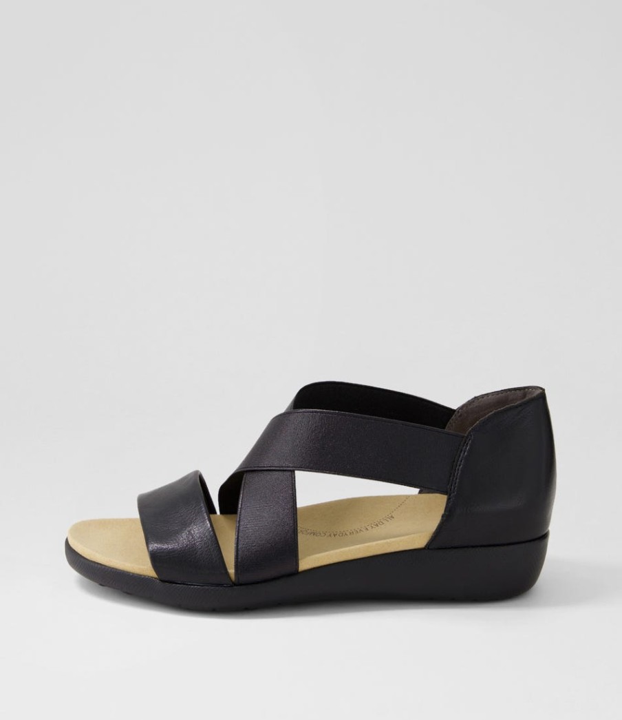 ZIERA Umato W Black Metallic Leather Elastic Sandals | Flats