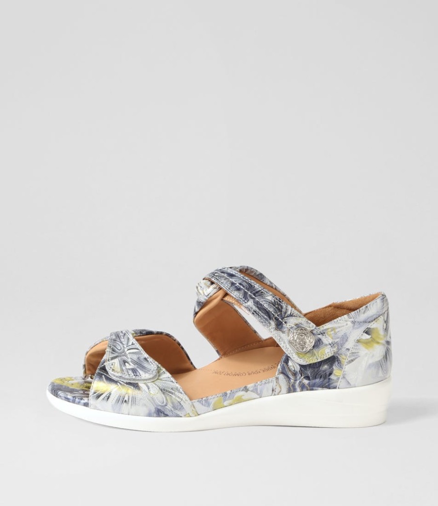 ZIERA Doxie W Navy Silver Floral Leather Sandals | Comfort