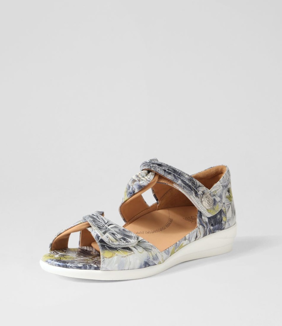 ZIERA Doxie W Navy Silver Floral Leather Sandals | Comfort