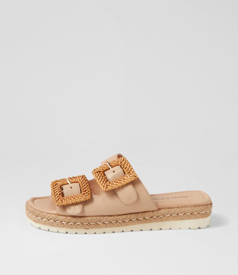 DJANGO & JULIETTE Savi Camel Natural Leather Buckle Slides | Espadrilles