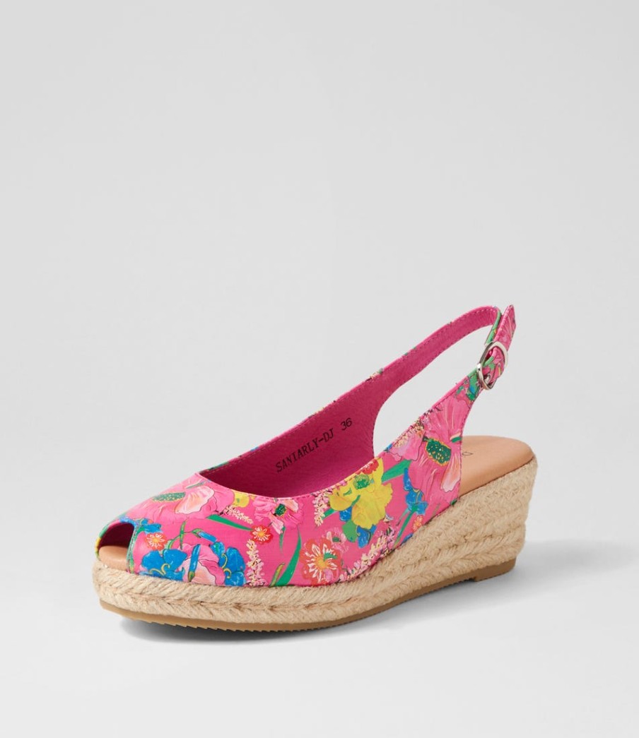 DJANGO & JULIETTE Saniarly Hot Pink Flowermania Leather Sandals | Espadrilles