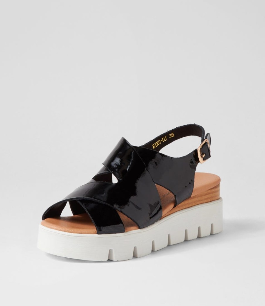 DJANGO & JULIETTE Riku Black Natural White Patent Sandals | Wedges
