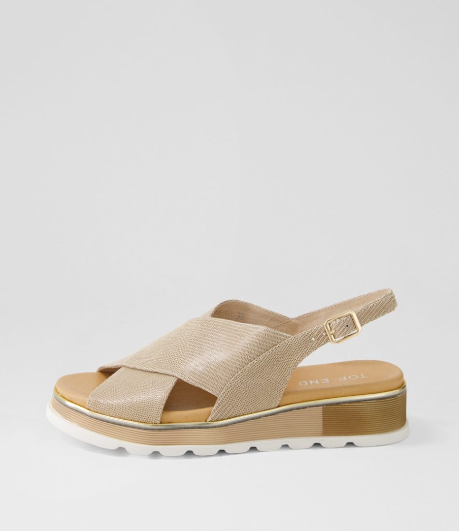 TOP END Ulrika Taupe Lizard Leather Sandals | Wedges