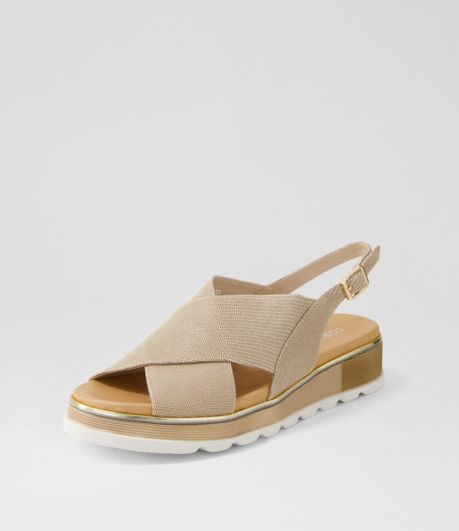TOP END Ulrika Taupe Lizard Leather Sandals | Wedges
