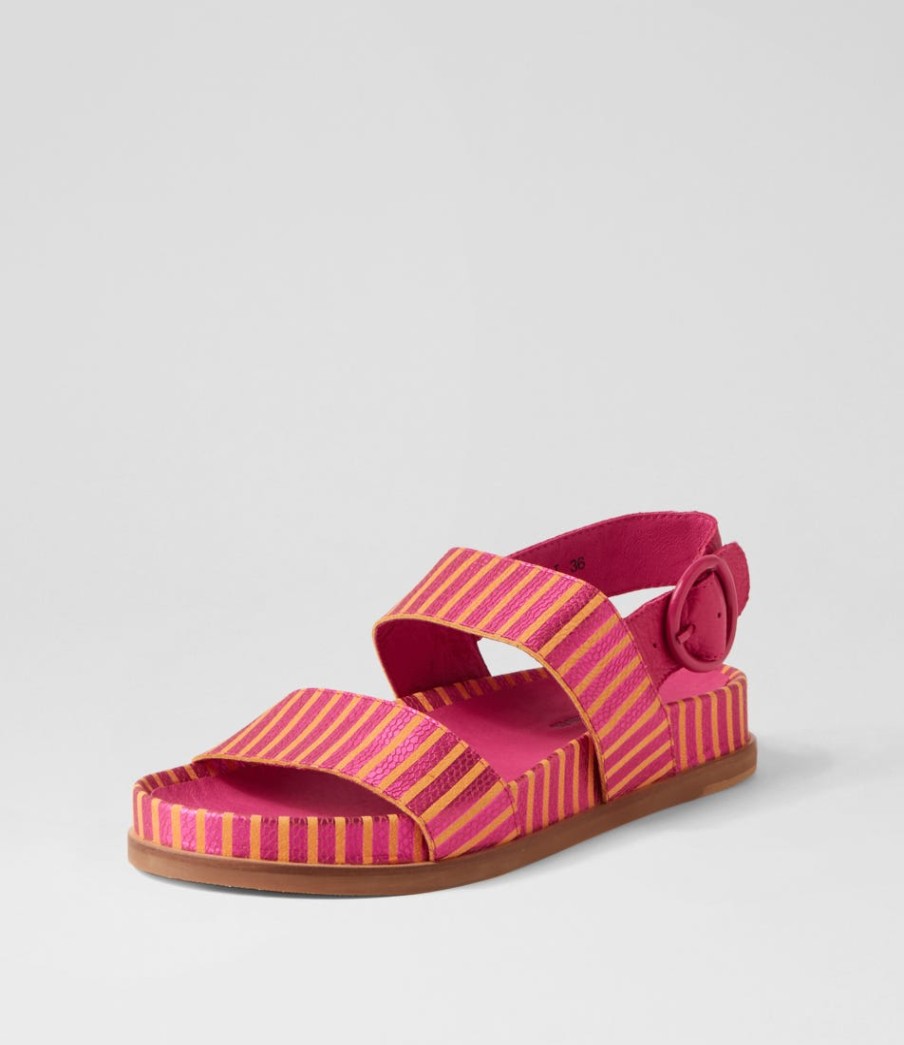 DJANGO & JULIETTE Quffle Fuchsia Orange Stripe Leather Sandals | Flats