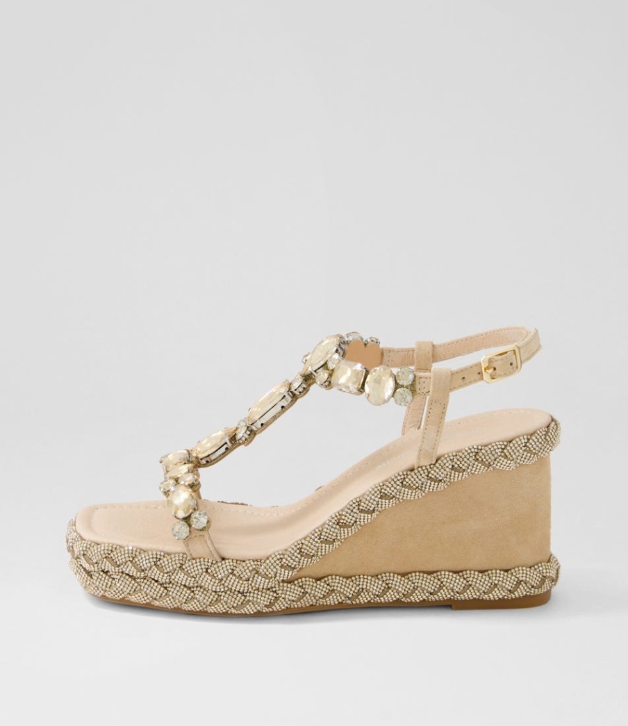 DJANGO & JULIETTE Vontey Latte Suede Jewels Sandals | Wedges