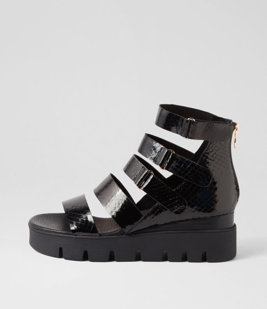 DJANGO & JULIETTE Raafe Black Mirror Leather Sandals | Wedges