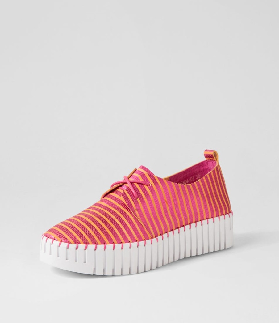 DJANGO & JULIETTE Brenda Fuchsia Orange Stripe Leather Sneakers | Wedges