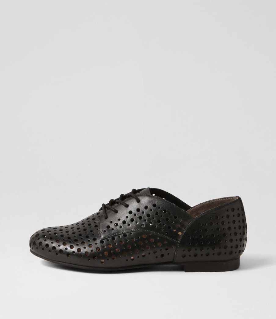 ZIERA Clarey Xf Black Leather Lace Up Flats | Flats