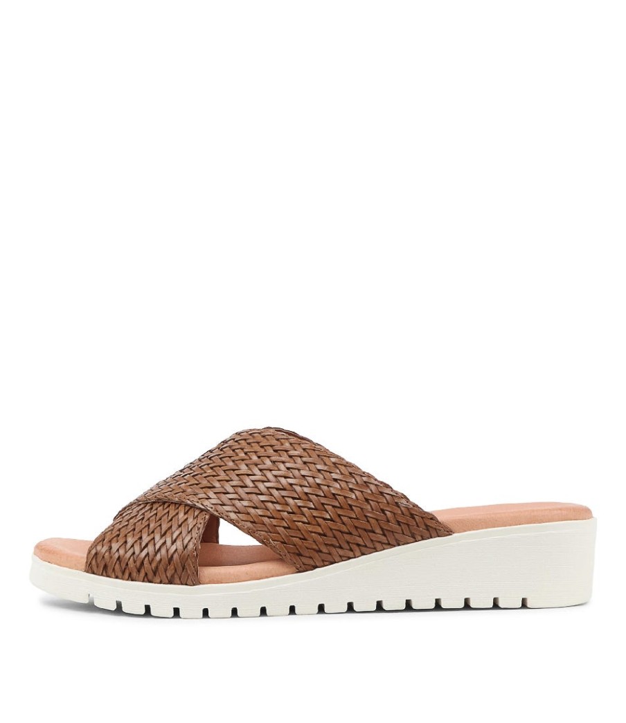 DJANGO & JULIETTE Manal Dark Tan Weave Slides | Wedges