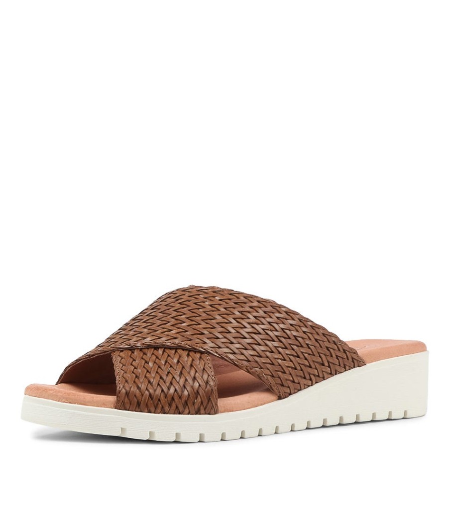 DJANGO & JULIETTE Manal Dark Tan Weave Slides | Wedges