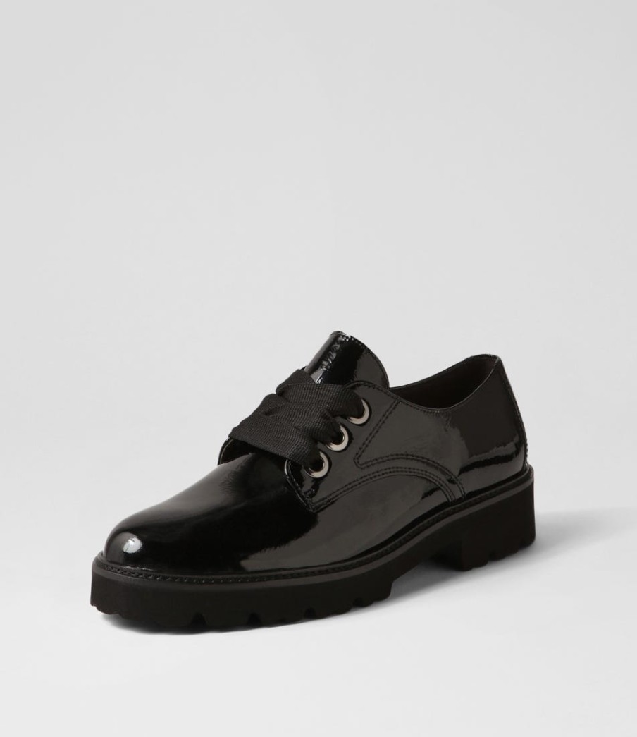 GABOR Lina Schwarz Patent Leather Lace Up Flats | Comfort