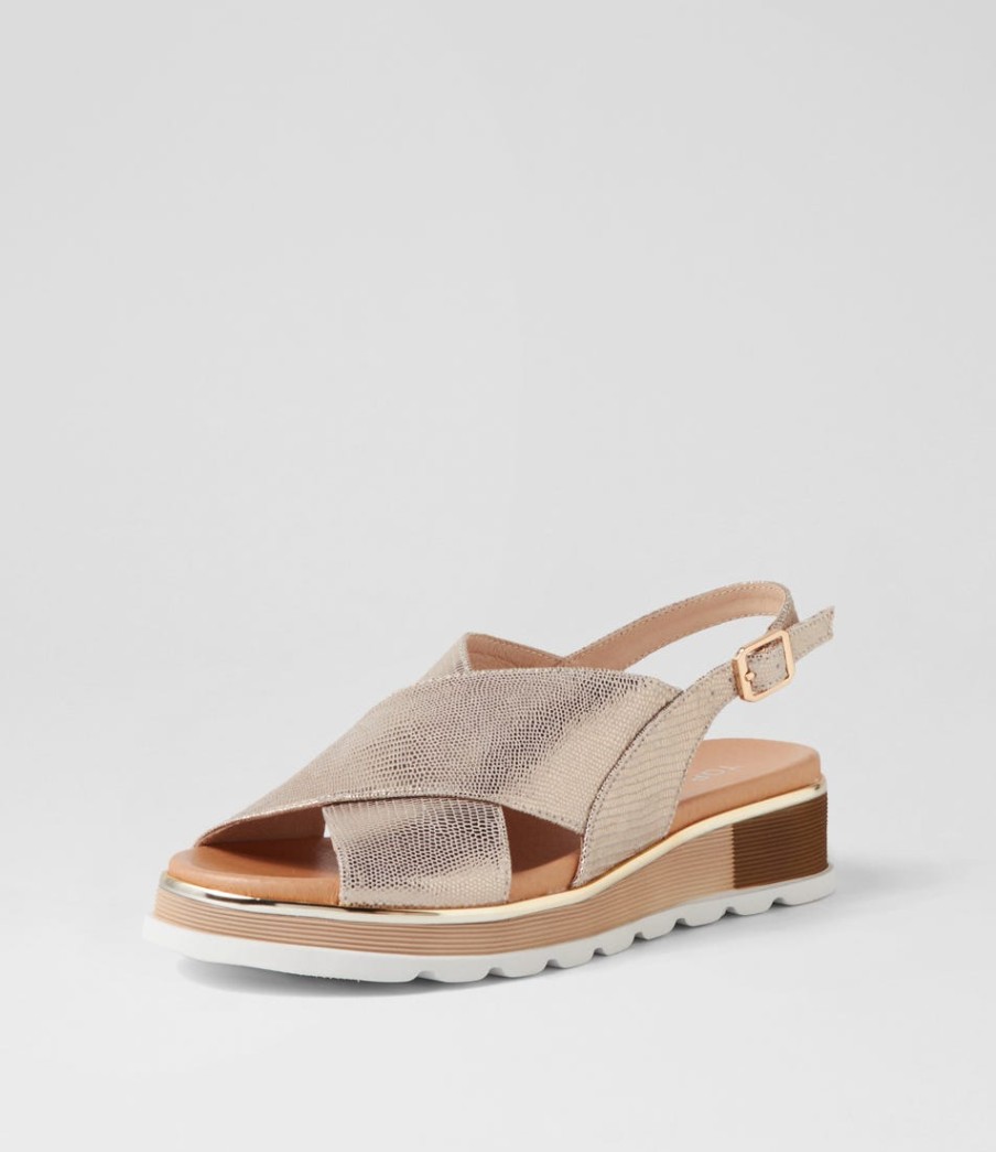 TOP END Ulrika Champagne Lizard Leather Sandals | Wedges