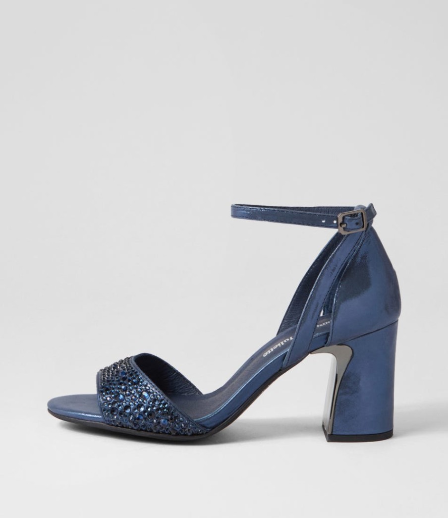 DJANGO & JULIETTE Kitta Navy Shimmer Leather Jewels Sandals | Heels