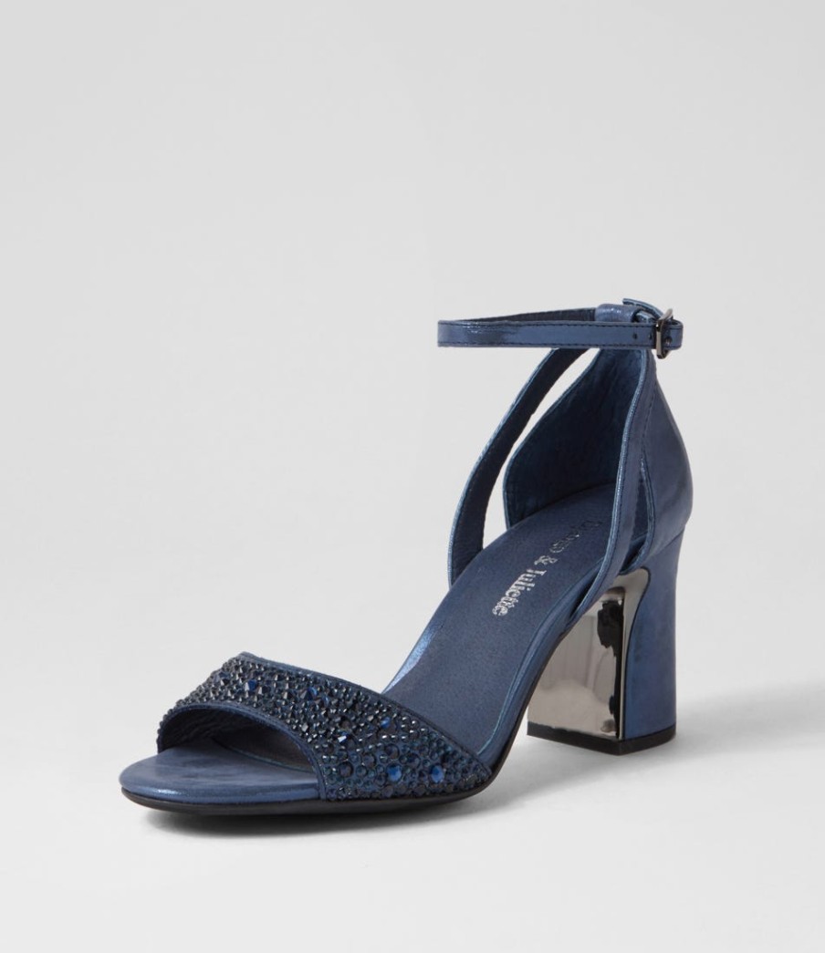DJANGO & JULIETTE Kitta Navy Shimmer Leather Jewels Sandals | Heels