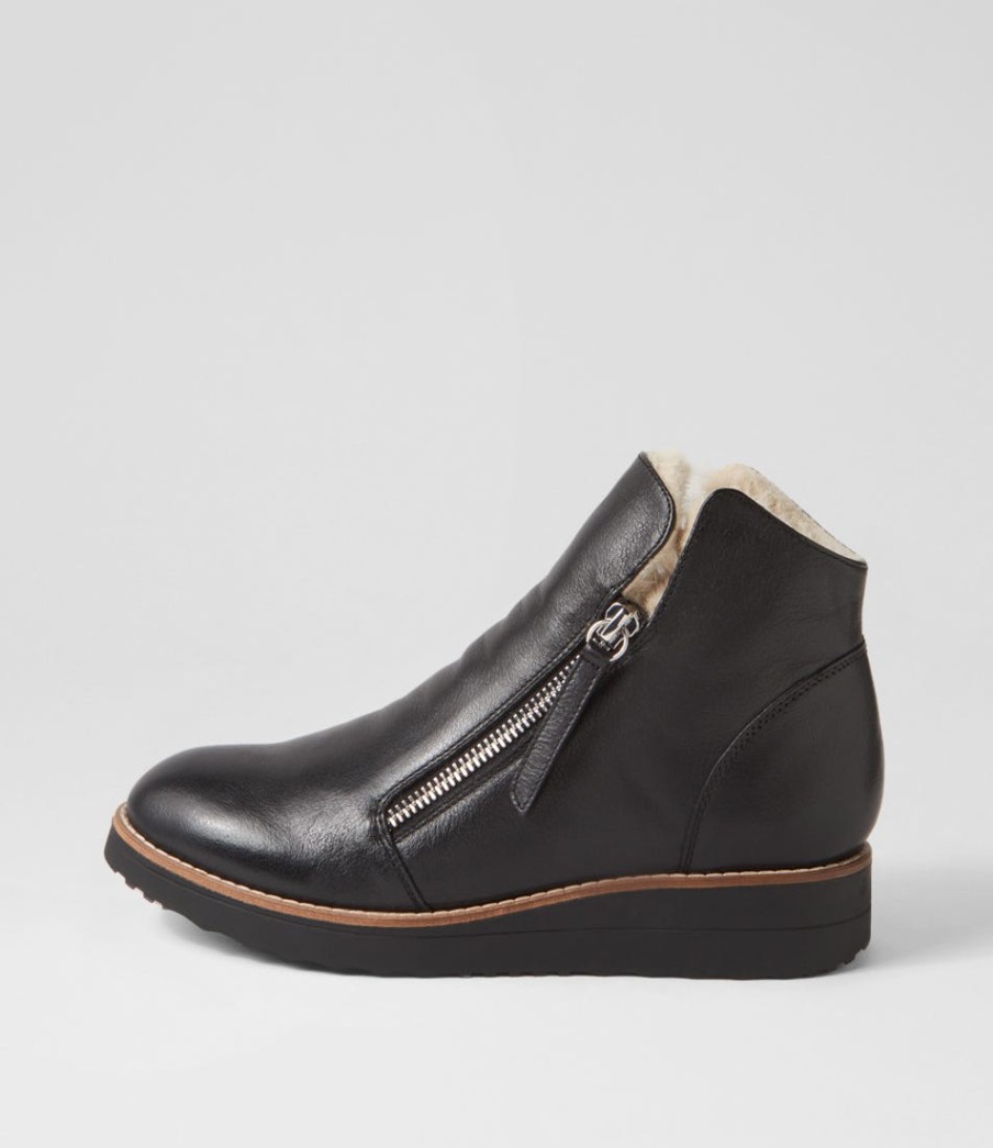 TOP END Opal Black Beige Leather Fur Ankle Boots | Boots
