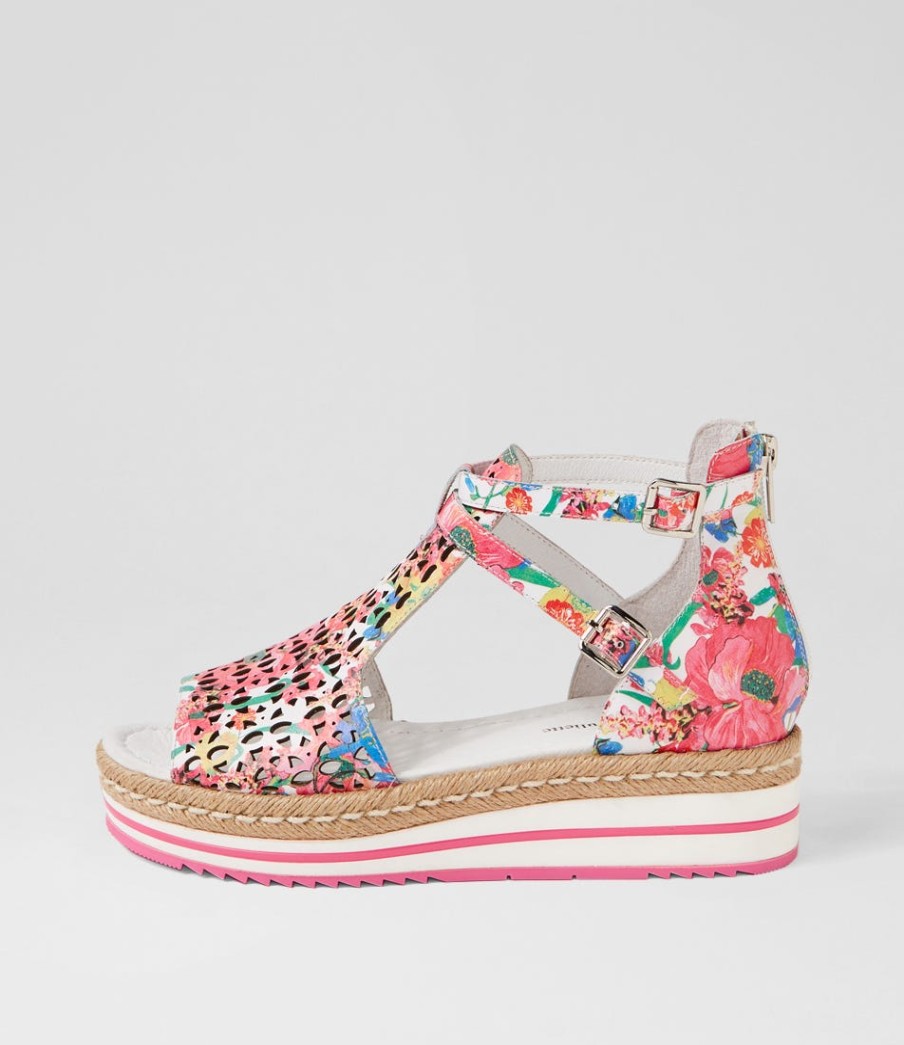 DJANGO & JULIETTE Accra White Flowermania Leather Sandals | Wedges