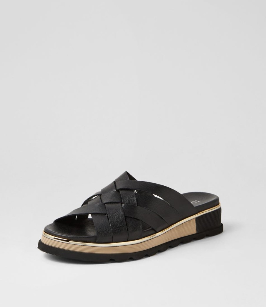 TOP END Ulysza Black Leather Slides | Wedges