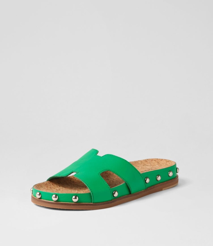 DJANGO & JULIETTE Quaden Bright Emerald Silver Leather Slides | Flats