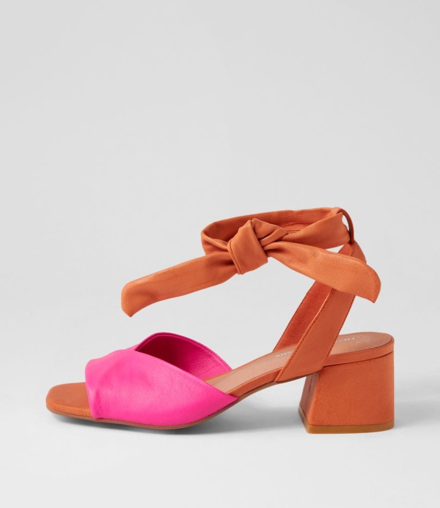 DJANGO & JULIETTE Fearna Hot Pink Bright Orange Leather Sandals | Heels
