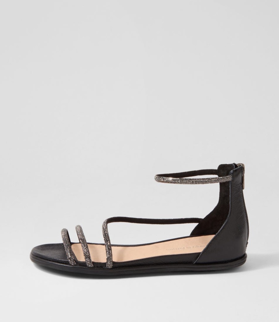 DJANGO & JULIETTE Bonn Black Jewel Fabric Leather Sandals | Flats