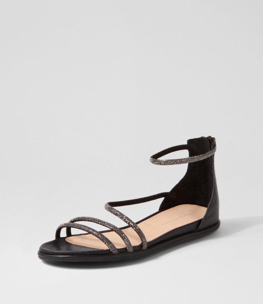DJANGO & JULIETTE Bonn Black Jewel Fabric Leather Sandals | Flats