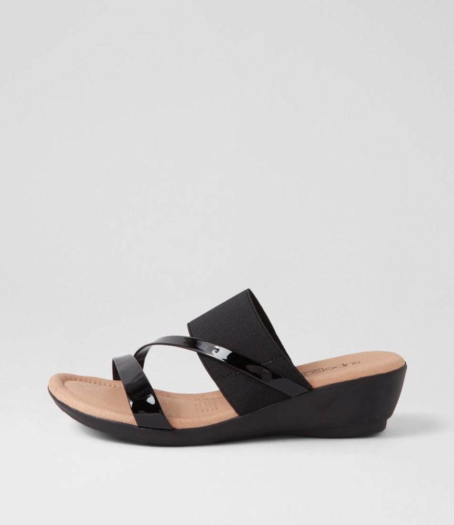 SUPERSOFT Paralee Black Patent Elastic Slides | Wedges