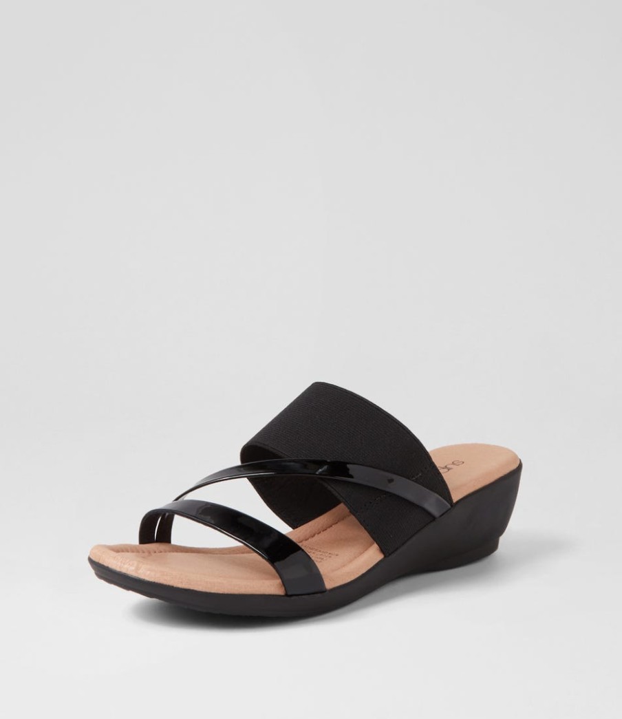 SUPERSOFT Paralee Black Patent Elastic Slides | Wedges