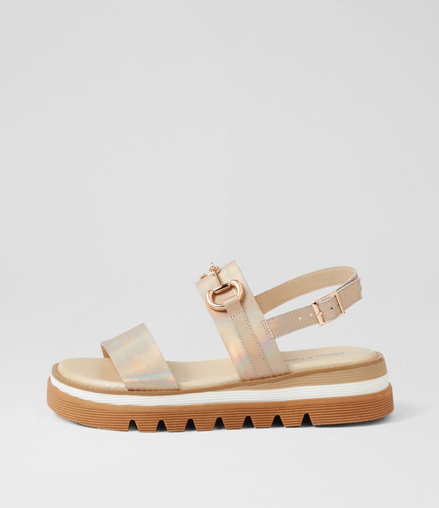DJANGO & JULIETTE Sabri Gold Petrol Shrunken Leather Sandals | Wedges