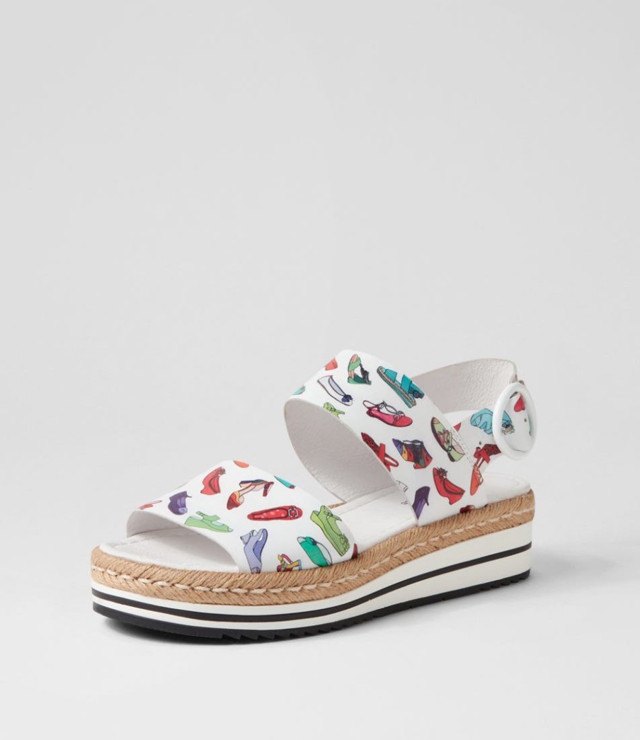 DJANGO & JULIETTE Atha White Shoe Print Leather Espadrilles | Espadrilles