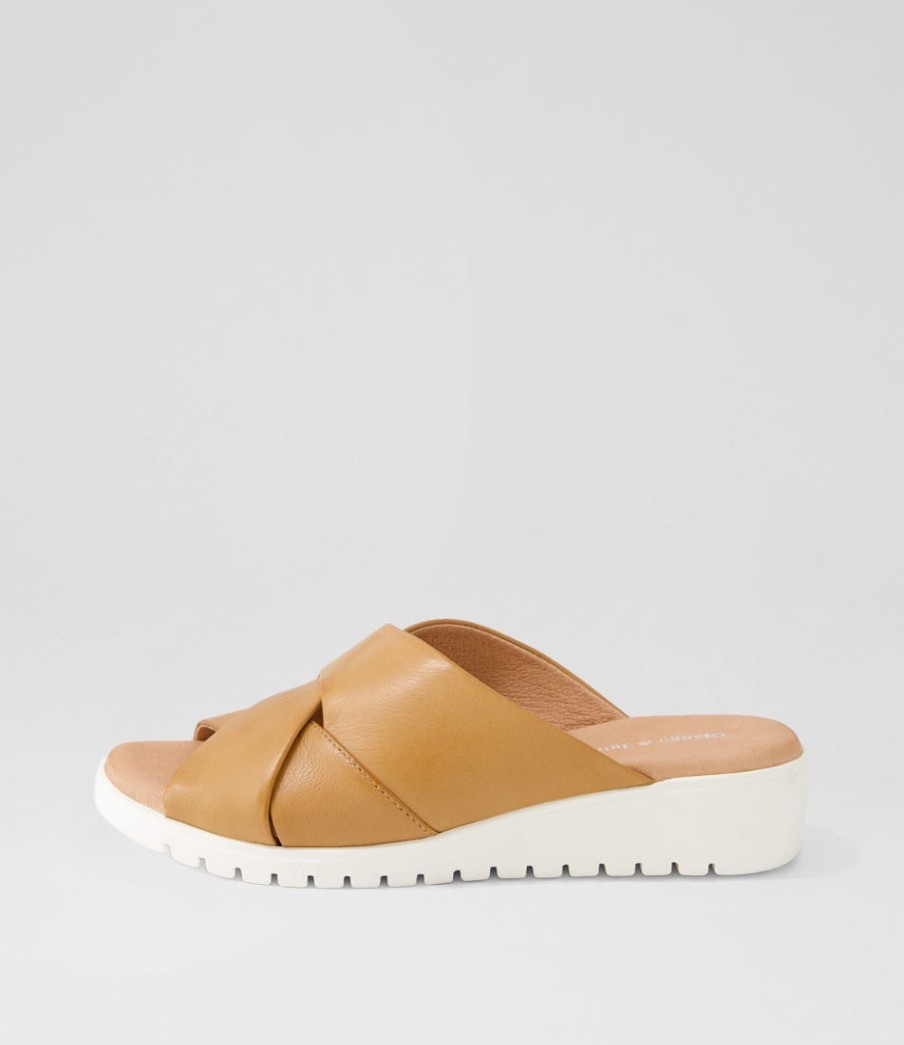 DJANGO & JULIETTE Mith Dark Tan White Leather Slides | Wedges